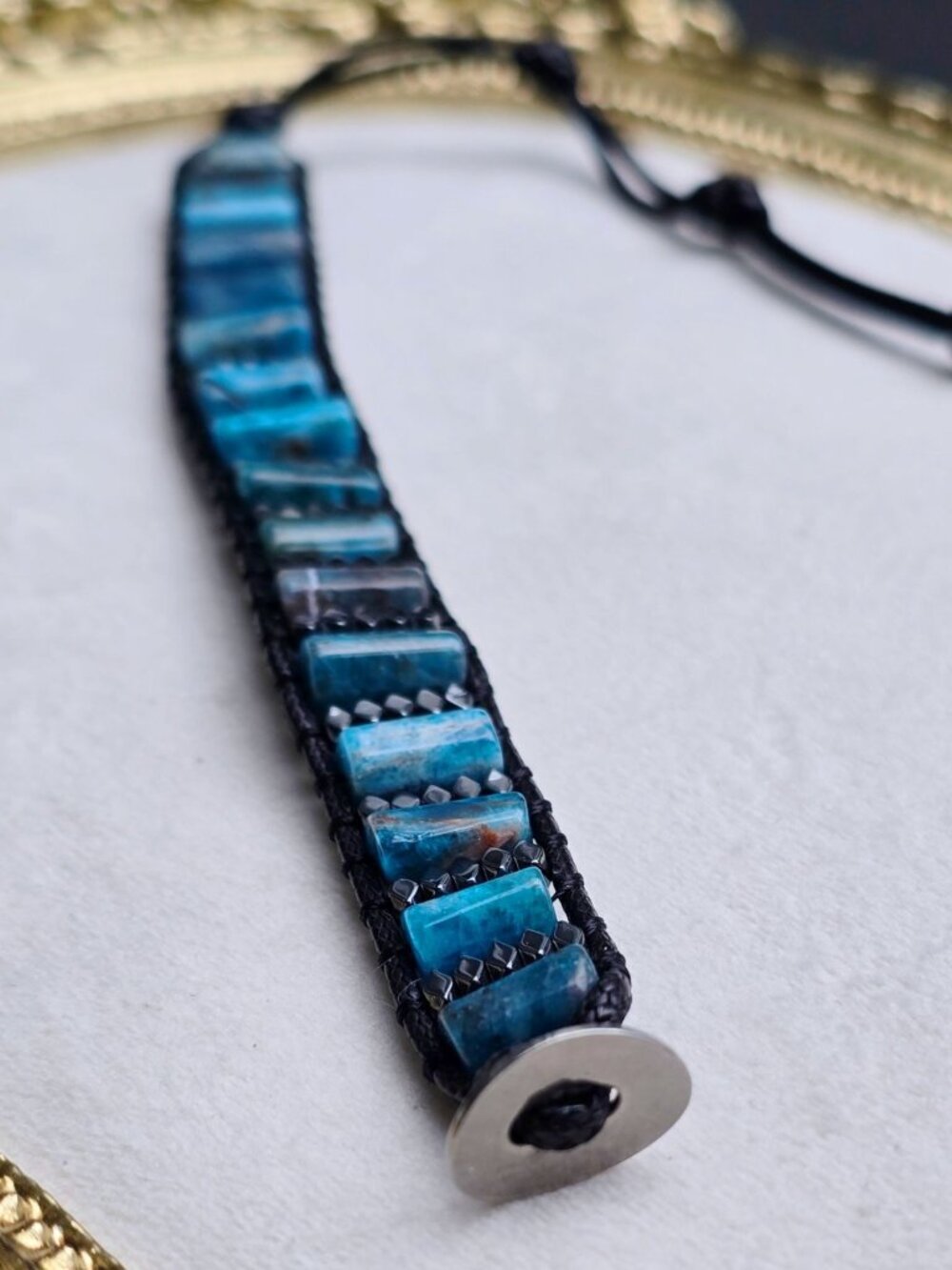 Handmade ⦠Blue Imperial Jasper Bracelet ⦠Adjustable Black Cord Slab Beads NWT - Picture 4 of 6